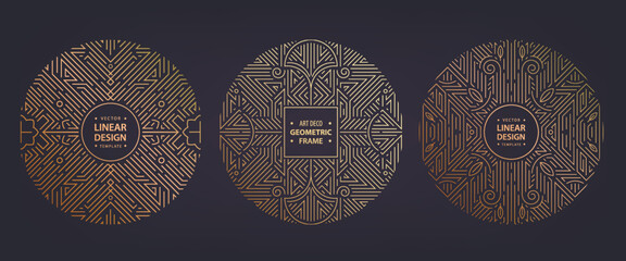 Vector set of art deco linear circles, round borders, frames, decorative design templates. Creative template in classic retro style of 1920s. Use for packaging, advertising, as banner