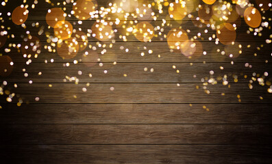 Wall Mural - Glowing Christmas tree garland on a wooden background