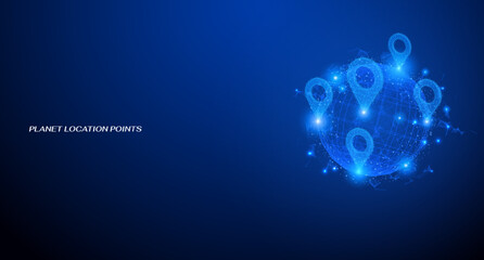 Leinwandbilder - Abstract low poly pins icon point on futuristic sphere element. Technology wireframe blue planet on cyber space background.