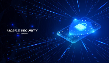 Fototapete - Mobile security low poly design concept. Blue cyber smart phone protection. 3D isometric template vector.
