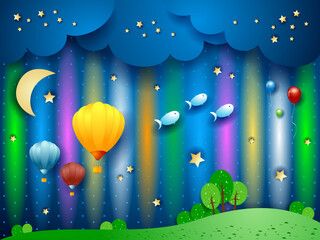 Canvas Print - Fantasy landscape at night with northern lights, balloons and flying fishes. Vector illustration eps10