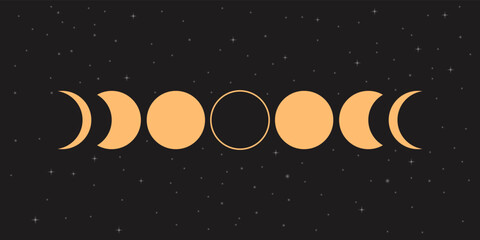Wall Mural - moon phases sphere shadow cycle astronomy icon set. vector illustration black background