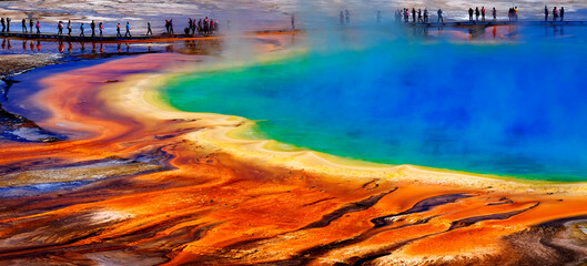 Wall Mural - Grand Prismatic Spring Yellowstone National Park Tourists Viewing Spectacular Scene