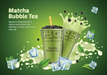 Wall Mural - Realistic Detailed 3d Matcha Green Bubble Tea Ads Banner Concept Poster Card. Vector illustration of Boba Drink