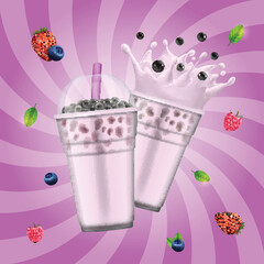 Sticker - Realistic Detailed 3d Bubble Tea Ads Banner Concept Poster Card Advertising for Cafe. Vector illustration of Blueberry and Strawberry Boba Drink