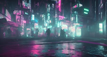 Cyberpunk art 3D illustration of  futuristic cityscape. City of the future at bright multicolored neon night. Neon Haze. Evening urban landscape.