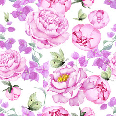 Wall Mural - Seamless floral pattern of beautiful pink peony and purple bougainvillea flowers with green leaves and yellow lemongrass butterflies on white background. Hand drawn watercolor.