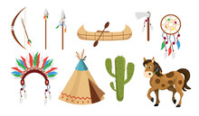 Set Of Equipment American Indians In Cartoon Style. Vector Illustration Of Bow And Arrow, Spear, Tomahawk, Mustang, Canoe, Wigwam, Crown Of Feathers, Shamanic Drum, Cactus On White Background.