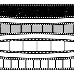 Retro curved film strips collection. Old grunge cinema movie strip. Analog video recording equipment. Vector illustration