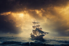 Pirate Ship In Storm With Torn Sails.