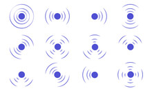 Set Echo Sonar Waves. Blue Radar Symbols On Sea And Ultrasonic Signal Reflection. Collection Icon Detect And Scan Vibration Or Water. Round Pulsating Circle Wave System Vector Illustration Concept