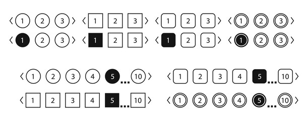 Pagination bars set. Collection buttons for site navigation. Interface elements for menu and box with arrows. Round and square slide controls. Internet panel for search webpages in black style