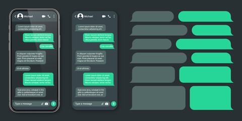 Realistic smartphone with messaging app. SMS text frame. Conversation chat screen with green message bubbles and placeholder text. Dark mode. Social media application. Vector illustration