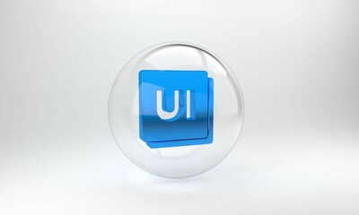 Wall Mural - Blue UI or UX design icon isolated on grey background. Glass circle button. 3D render illustration