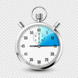 © 32 pixels - Realistic classic stopwatch icon. Shiny metal chronometer, time counter with dial. Blue countdown timer showing minutes and seconds. Time measurement for sport, start and finish. Vector illustration