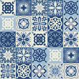 Fototapeta Kuchnia - Blue ceramic tiles, vintage portuguese style vector illustration, symmetrical pattern square tiles