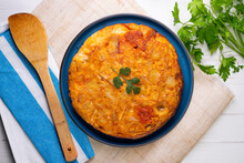 Spanish Potato And Chorizo ​​omelette. Traditional Recipe Of The Tapa Queen In Spain.