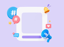 3D Social Media Frame Post With Megaphone And Hashtag. Social Network Marketing And Promotion. Online Hype News Concept. Cartoon Creative Design Icon Isolated On Purple Background. 3D Rendering