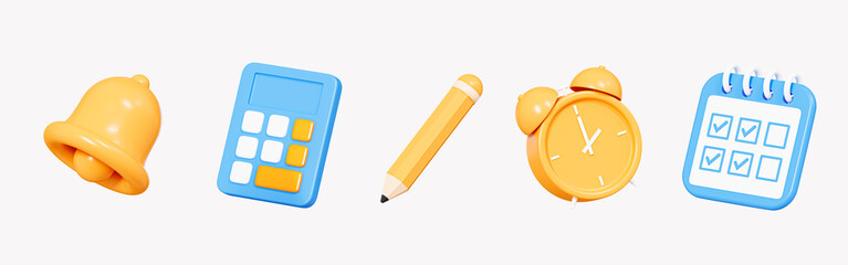3d office stationary tools set icon. school education concept. business work object. bell, calculato