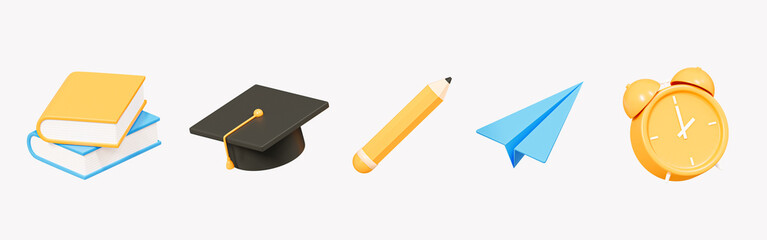 3D School and education set icon. Stationery for study and work. Book, graduation hat, pencil, paper airplane and alarm clock. Cartoon creative design icon isolated on white background. 3D Rendering