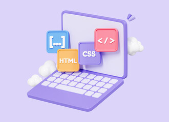 Wall Mural - 3d computer laptop and program code development. web coding concept. website programming. realistic 