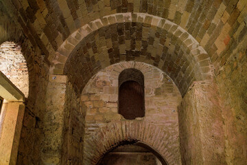 Arched ceiling vault in antique old church. Selective focus with blurred background and copy space