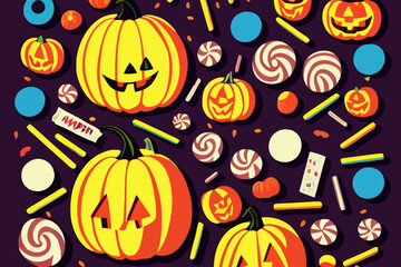 Wall Mural - Colorful Halloween background with pumpkins and candies