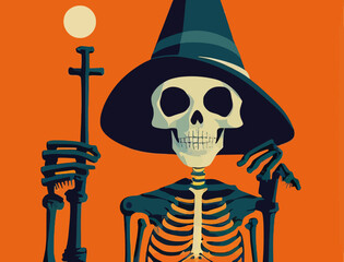 Canvas Print - Colorful Halloween background with a skeleton wearing a hat