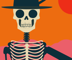 Wall Mural - Colorful Halloween background with a skeleton wearing a hat