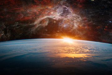 Wall Mural - landscape with milky way galaxy. sunrise and earth view from space with milky way galaxy. (elements 