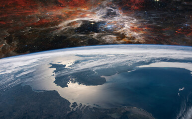 Wall Mural - landscape with milky way galaxy. sunrise and earth view from space with milky way galaxy. (elements 