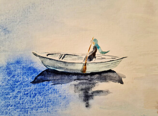 watercolor drawing of a boat in a wet pond,lake,sea,river sports rowing,muslim woman,girl in a blue scarf in a boat