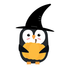 Canvas Print - Vector flat cartoon Halloween penguin with witch hat and pumpkin isolated on white background