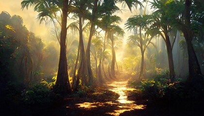 Palm forest at sunset, sun rays through the trees, fantasy forest, fog, palm jungle. 3D illustration. 3d rendering