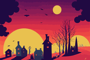 Canvas Print - Horror background. Horror village illustration. A scary village with gloomy houses under full moon