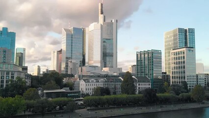 Wall Mural - Aerial panoramic view of Frankfurt skyline from drone, Germany