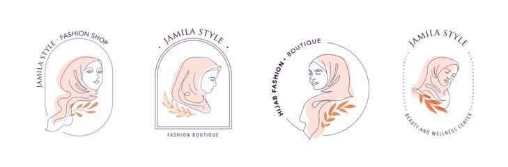 Canvas Print - Women in hijab collection, vector logo and branding design templates in minimal style, for beauty center, fashion studio, haircut salon and cosmetics - female portrait, beautiful woman's face