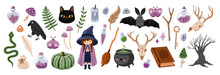Witchcraft Graphic Elements Set. Spell Book, Cauldron, Magic Potion, Cute Little Witch, Raven, Black Cat. Witch Mystical Attributes. Halloween Collection Of Flat Vector Hand Drawn Illustrations.