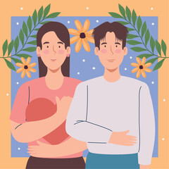 Sticker - korean couple with flowers and leafs