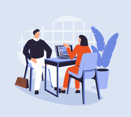 Job interview. We are hiring. Vector flat modern illustration of a man candidate talking to a young woman with laptop.