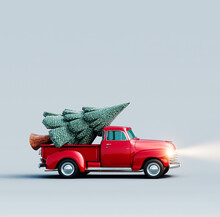 Old Retro Red Truck Driving A Huge Pine Christmas Tree On Gray Background 3D Rendering, 3D Illustration