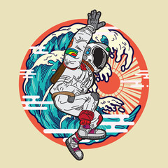 astronout illustration design with japanese style background, logo, labels, notebook