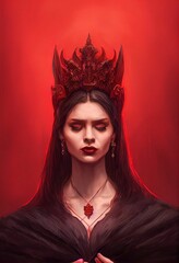 Wall Mural - AI generated digital art of a beautiful fantasy queen with an elegant crown and red necklace