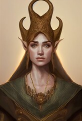 Wall Mural - Hyper realistic AI generated digital art of a fantasy elf queen with yellow eyes and a crown