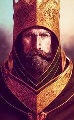 Wall Mural - Hyper realistic AI generated digital art of a bearded fantasy king in proud gilded armor and a crown