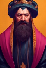 Wall Mural - Realistic AI generated digital art of a wise fantasy king with a long beard, pink cloak and crown