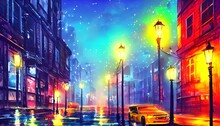 The City Street Is A Calm Oasis In The Middle Of The Bustling Metropolis. The Colorful Lights From The Streetlamps Reflect Off Of The Pavement, Creating A Serene Atmosphere.