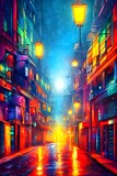 Fototapeta Nowy Jork - The city street is a calm and colorful place at night, with the streetlights providing a light show for those who care to look up.