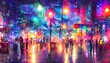© dreamyart - The city street at night is calm and colorful, with bright streetlights shining down.
