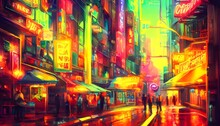 It's A City Street At Night And The Neon Signs Are Bright And Colorful.